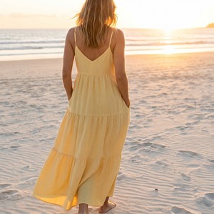 Robe longue éco-responsable 100 % lin 55 % coton à volants, fabricant sur mesure, vente en gros, grandes tailles du S au 5X, tenues OEM - Product Image 4
