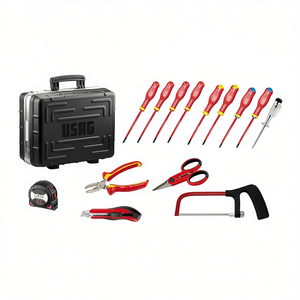 Juego de herramientas con destornilladores, alicates, tijeras, sierra, cinta métrica, diseño rojo y negro para tareas de reparación doméstica - Product Image 2