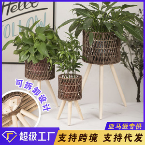 Rattan Woven Flower <b>Pot</b> <b>Stand</b> Wooden Tripod Indoor Plant Holder Nordic Style Circular Design Home Decor - Product Image 5