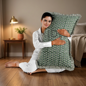 RIDHI 20x36" Herb Green Ruffle Western Style Lumbar <b>Pillow</b> Cover Set Hand Block Print Floral Cotton Sham Zipper Closure - Product Image 2