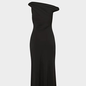 Robe longue décontractée noire élégante en satin uni, à épaules dénudées, avec tissu modal et décoration en cristal pour femme - Product Image 2