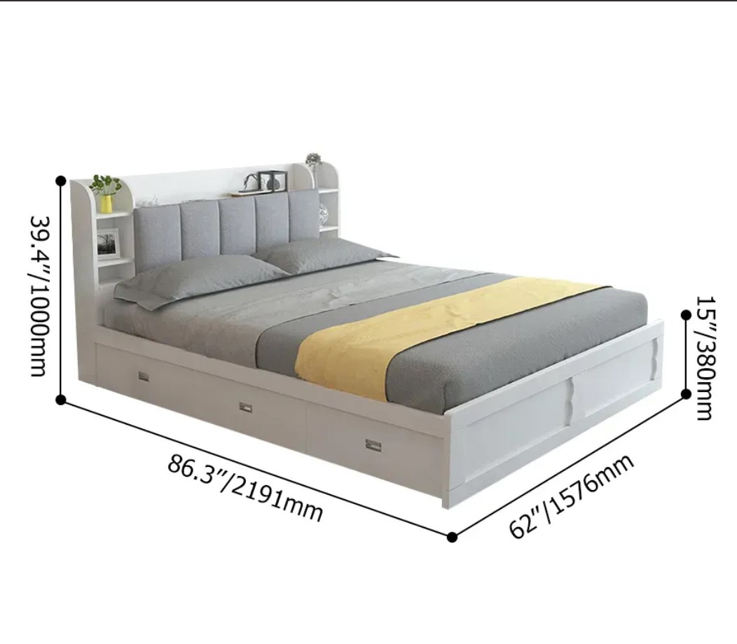 Modern 3 drawers white storage bed low profile queen bed