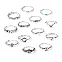 Ensemble de 13 bagues créatives en forme d'oiseau, en argent ancien, avec cœur en diamant, pentagramme en alliage pour femmes