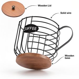 Porte-capsules à café en fil métallique rustique de grande capacité, panier avec couvercle en bois, forme de tasse, organisateur de rangement multifonctionnel détachable - Product Image 3