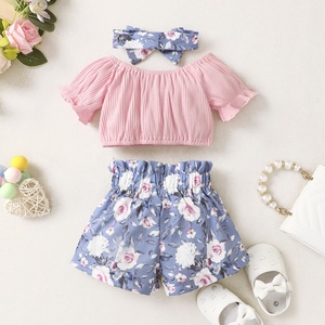 Stile coreano bambina manica corta + Shorts + foulard 3 pezzi abbigliamento estivo bambino set 12-18 mesi - Product Image 2