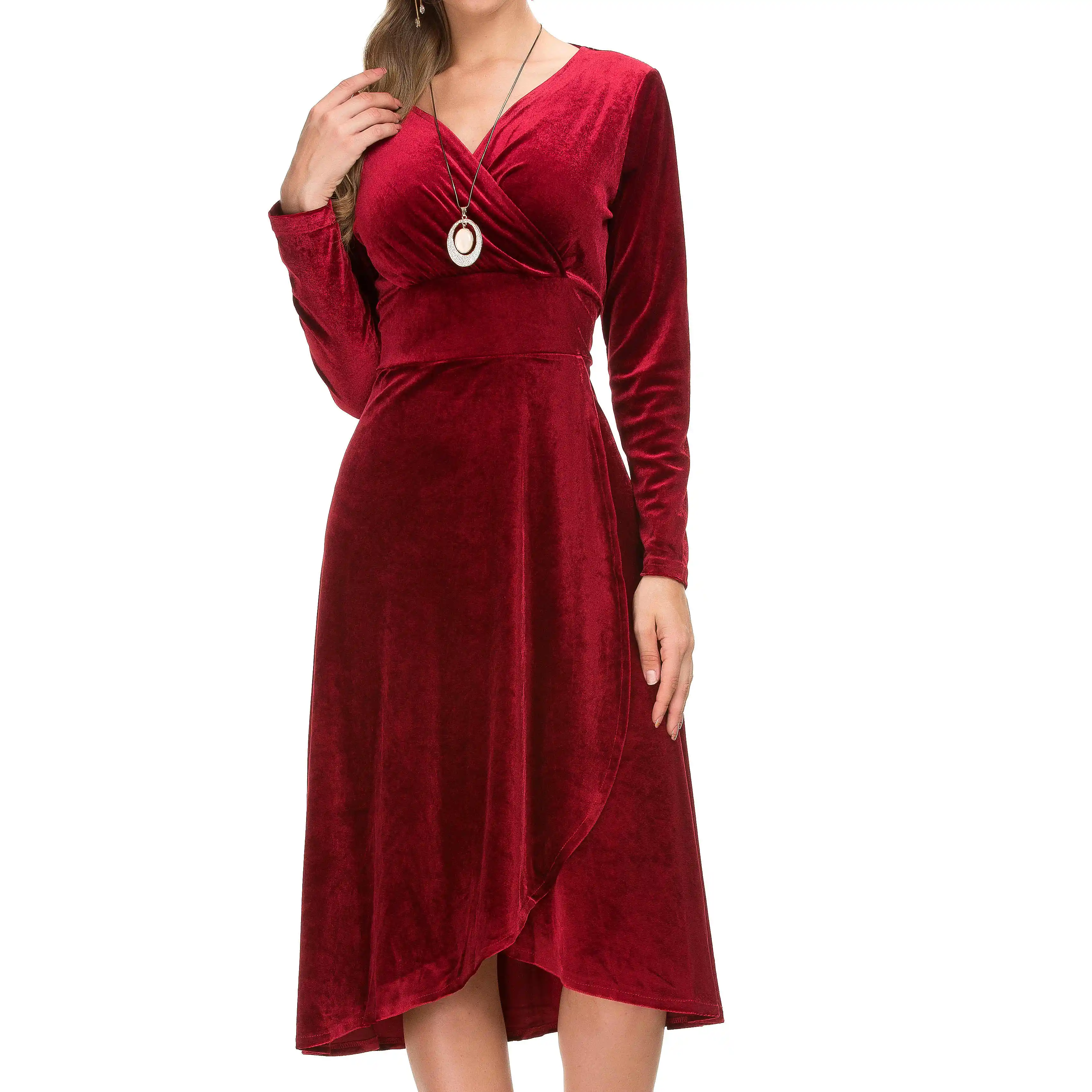 Vestido de veludo liso para mulheres, novidade em moda inverno meados de bezerro, novo design de moda primavera outono