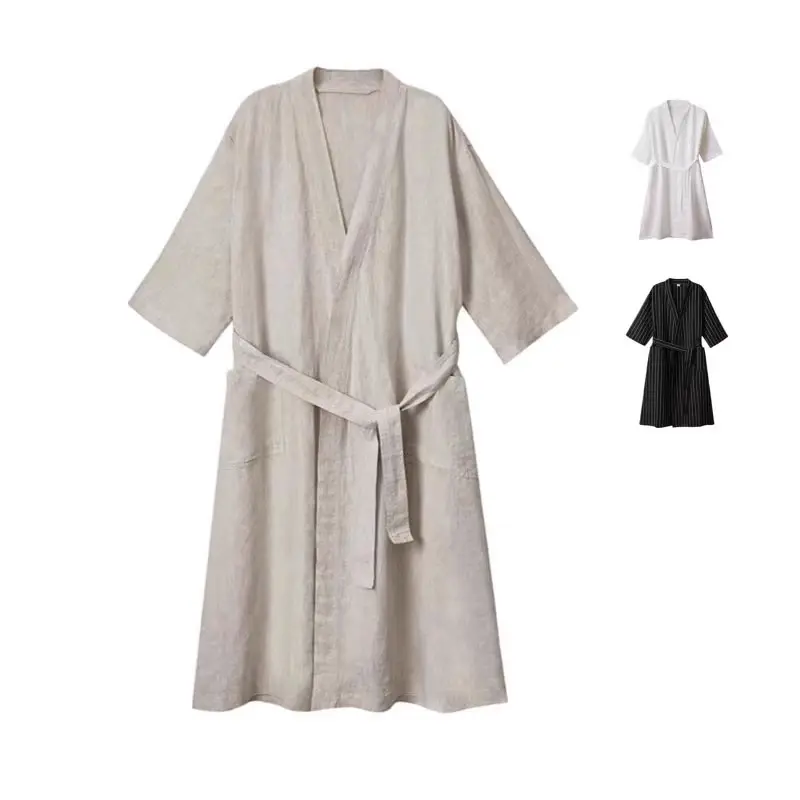 OEM Custom Luxury french Linen Kimono Bathrobe Long Sleeve Long Robe Pajamas with Different Color Sash