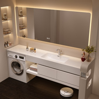 Kabinet Cermin LED Pintar Terintegrasi Laundry, Rak Dinding Kamar Mandi dengan Wastafel Keramik Tunggal Modern 48 Inci ke Atas