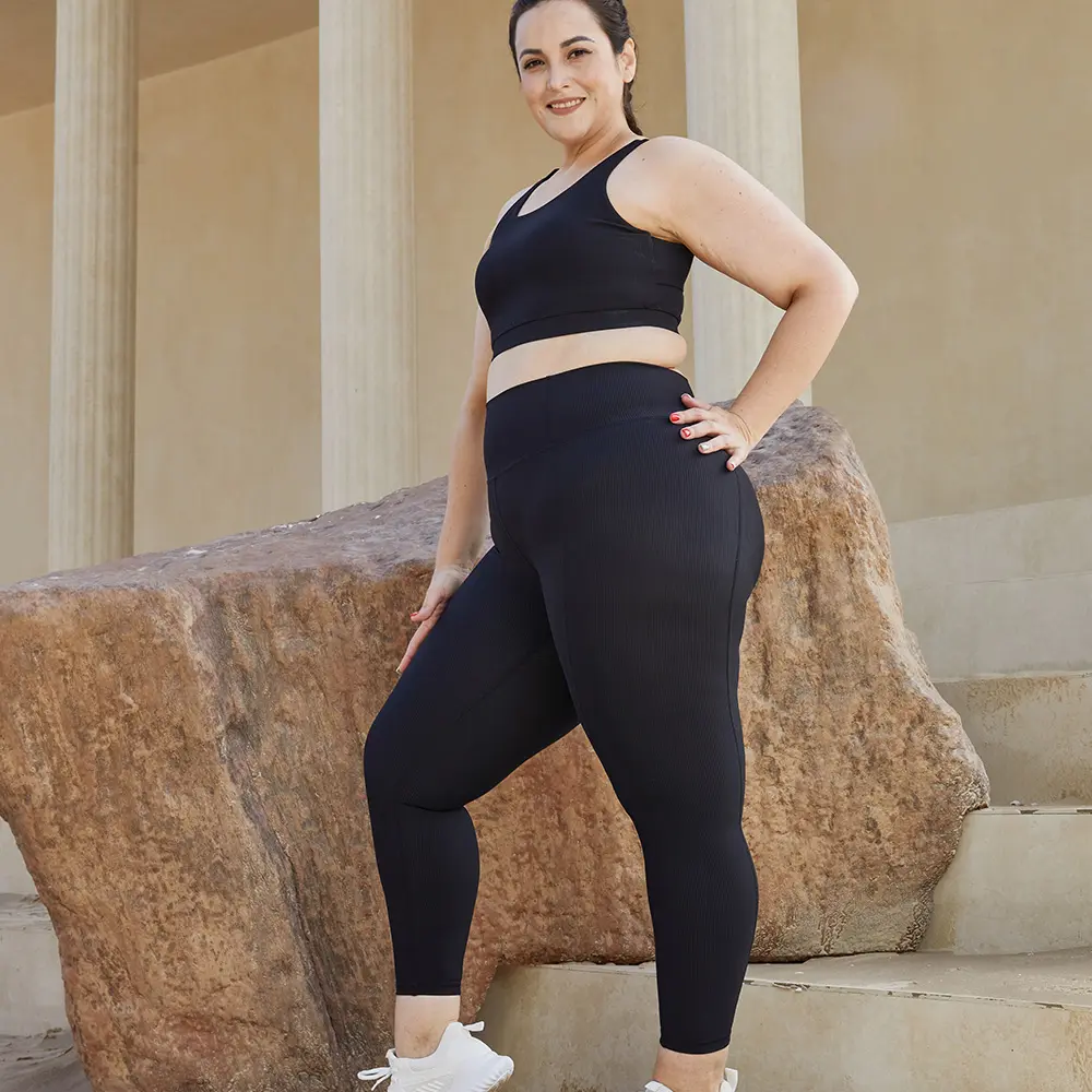 Optional Size Workout Wear Black Rib Yoga Wear Activewear Plus Size Fitness Set Plus Size Yoga Suit For Women