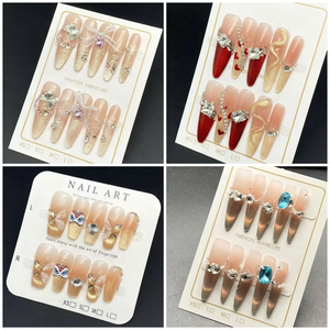 Unghie Finte Press-on Francesi Cat Eye Fatte a Mano con Strass, Design Misti, 10 Pezzi, Riutilizzabili, Confezione Personalizzata, Designer - Product Image 2