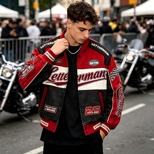 OEM ODM Wholesale <b>Vintage</b> Heavy Embroidered Letterman Varsity <b>Jacket</b> Custom Design Fabric <b>Motorcycle</b> Style Bomber Coat - Product Image 2