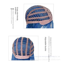 Wig Sintetis Lurus Panjang Biru Cerah dengan Poni Udara Tahan Panas untuk Pesta Sehari-hari Wig Penutup Kepala Penuh