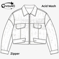 Veste en jean vintage pour homme, coupe courte, délavée à l'acide, effet usé, style streetwear hip-hop avec fermeture éclair
