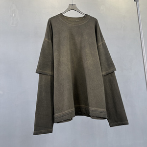 Camiseta de manga larga unisex de alta calidad al por mayor, estilo vintage, teñido desgastado, de gran gramaje, con efecto de color frito y empalmes. - Product Image 5