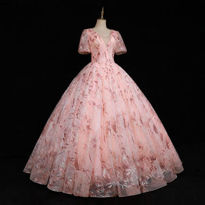 エレガントなレースロングフォーマルイブニングパーティーボールガウンピンクプリンセスウエディングドレス - Product Image 2