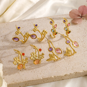 18K Gold Plated Stainless Steel <b>Adjustable</b> <b>Ring</b> New Rainbow Zirconia Leaf Design for Wedding Engagement Party Anniversary - Product Image 4