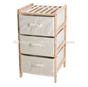 Pine Wood 3 Drawer Fabric Dresser Storage Tower for Bedroom