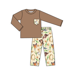 प्रीऑर्डर कस्टम पश्चिमी बच्चे बच्चे टॉडलर की जेब ठोस रंग टी शर्ट शीर्ष जॉगर पैंट आउटफिट - Product Image 3