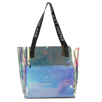 Sac fourre-tout en plastique holographique en PVC personnalisé de haute qualité Sac fourre-tout en PVC imperméable transparent avec logo personnalisé
