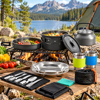 Ensemble de cuisine de camping en aluminium anodisé, poêle, casserole, théière, tasse avec manches en silicone pour la randonnée et les pique-niques