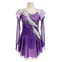 Robe de patinage artistique violette pour enfants et adultes, en tissu maillé, à manches longues, avec strass et dos évidé, pour la compétition et les spectacles