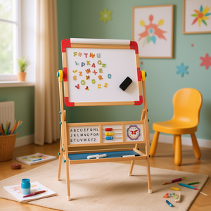 Chevalet d'art en bois pour enfants avec tableau blanc, lettres magnétiques et boulier, couleur beige, modèle D0100XTUWRA - Product Image 2
