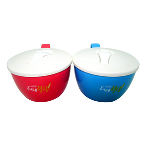 Bol à nouilles instantanées en plastique de style coréen avec fourchette et poignée, boîte à lunch ronde rouge et bleue à emporter - Product Image 5