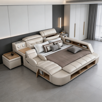 Cadre de lit moderne réglable King Size avec rangement, revêtement en cuir, structure en bois, inclinable, massant, pliable avec éclairage LED