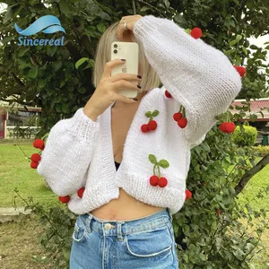 Handgemachte dicke Faden drei dimensionale Puff Kirsch pullover süße lose Fledermaus Ärmel gestrickt White Knit Cropped Cardigan für Frauen