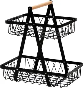 Cozinha fio de metal recipiente 2 tier, fio de metal vegetais frutas cesta de armazenamento com punho de madeira