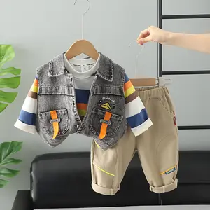 Wholesale Boys 3 Pieces Clothing Set Long Sleeves Cartoon Striped Hoodie +denim Jeans Vest + Pants Sport Outfits For Kids