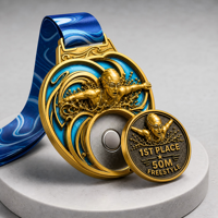 Médaille de finisseur de natation personnalisée avec insert magnétique interchangeable, médaille sportive en métal pour course de natation