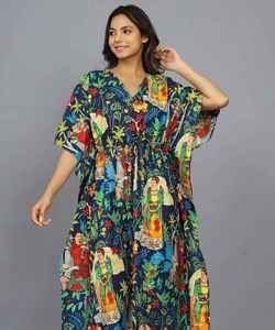 Handmade Navy Cotton <b>Kaftan</b> Kahlo Inspired <b>Beach</b> Cover Up Lightweight Resort Wear For Women - Product Image 1
