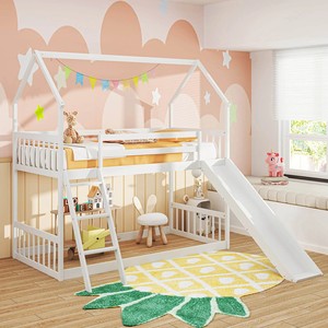 Litera de madera de pino blanco de Casa doble <span class=keywords><strong>LOFT</strong></span> moderna del fabricante con tobogán Litera baja de madera maciza para niños - Product Image 3