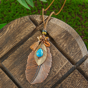 Colliers pendentifs en alliage de cuivre avec pierre turquoise, style bohème, bijoux unisexes tendance, motif végétal, serti clos - Product Image 2
