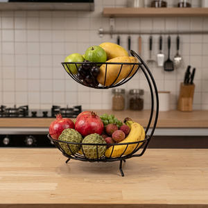 Panier à fruits moderne à double niveau en métal, paniers de rangement de cuisine sur pied, conception soudée durable - Product Image 1