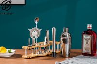 Kit de barman en acier inoxydable réutilisable de qualité supérieure, 10 pièces (fini naturel), ensemble d'outils de bar avec support en bambou pour cocktails à domicile