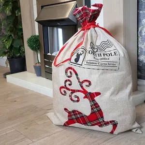 定制廉价礼品袋个性化亚麻圣诞袋升华圣诞老人袋装饰