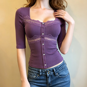 Camiseta de punto para mujer con cuello redondo, encaje acanalado y patchwork, manga tres cuartos, de elastano/poliéster, para otoño - Product Image 4