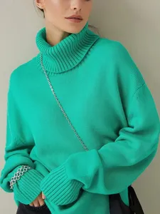 여성 특대 스웨터 터틀넥 녹색 빈티지 점퍼 여성 겨울 두꺼운 따뜻한 니트 스웨터 소프트 Brown