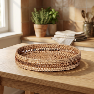 Plateau de service rond en rotin tissé à la main |   Panier de décoration de table en osier naturel, écologique, compatible lave-vaisselle et adapté aux aliments - Product Image 2