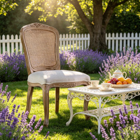 Chaise de salle à manger en bois massif sculpté style rustique, dossier en rotin tressé, coussin en tissu beige, pieds cabriole courbés, mobilier de maison