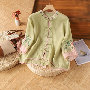 Traditional Chinese Women's Cotton Linen Embroidered Shirt Pink Green Color Blocking Loose Fit Cardigan Three Quarter Sleeve - Product Image 3