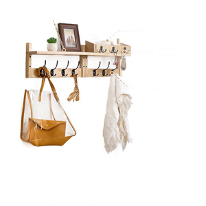 Wooden Wall Mounted <b>Shelf</b> With <b>Hooks</b> For Entryway Storage And Organization Natural Wood Color Rectangle Shape - Product Image 5