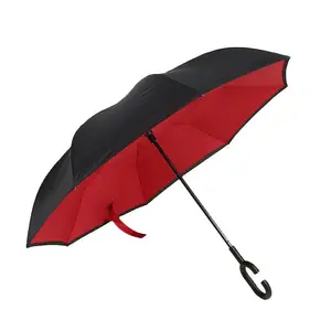 더블 레이어 거꾸로 우산 C-후크 셀프 스탠드 비 우산 Windproof 역방향 우산 접는