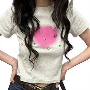 Custom Women Rhinestone Crop Top <b>T</b> <b>Shirt</b> Round Neck Short Sleeve Slim <b>Fit</b> Y2K Fashion Tee <b>Cropped</b> Streetwear Top Custom Logo - Product Image 6