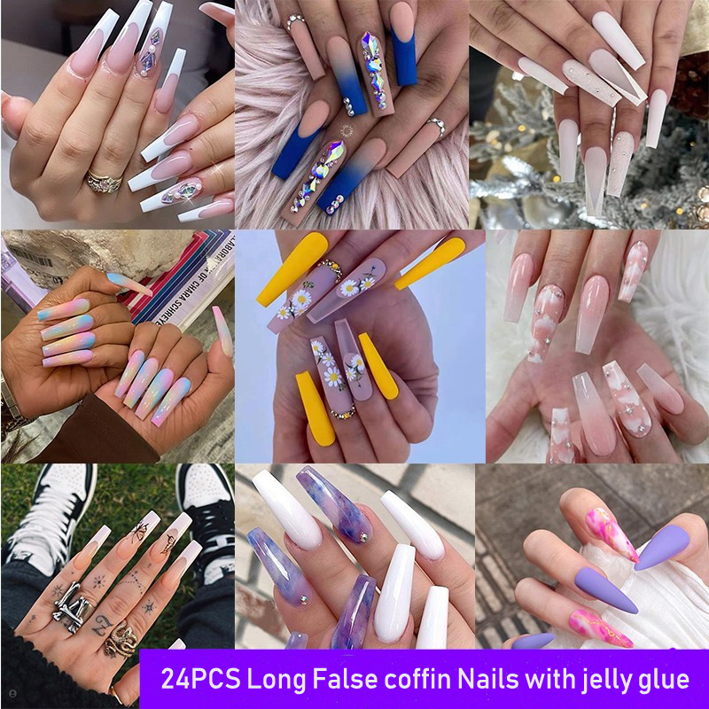 Künstliche Nägel Ballerina Style – 24 Stück Mit Glitzer & Strass, Inkl. Klebe-Tabs