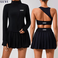 Set Olahraga Wanita: Bra Olahraga Tanpa Kawat dengan Logo Custom, Rok Lipit Pinggang Tinggi, Jaket UPF50+, Cepat Kering, Cocok untuk Tenis