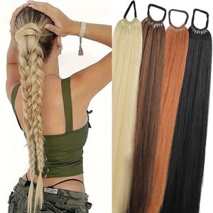 Sintético 24 pulgadas largo recto Cola de Caballo banda elástica banda de goma anillo de pelo negro marrón Cola de Caballo extensiones de cabello para mujeres - Product Image 1