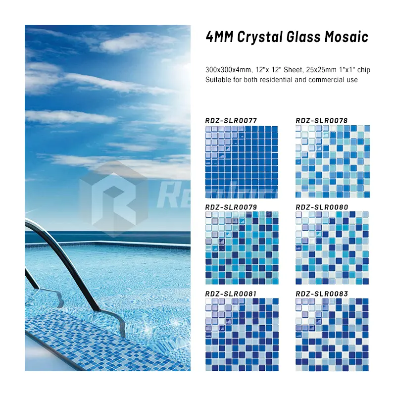 विला मॉडर्न डिज़ाइन पैटर्न मिक्स ब्लू ओशन ग्लास मोज़ेक सतह की चमकदार स्विमिंग पूल टाइल के लिए